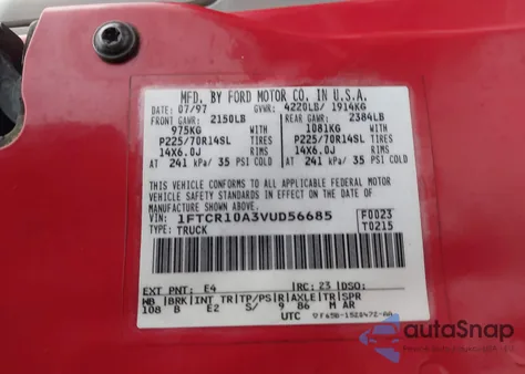 1997 Ford Ranger Splash/Xl/Xlt from USA, damaged, VIN 1FTCR10A3VUD56685